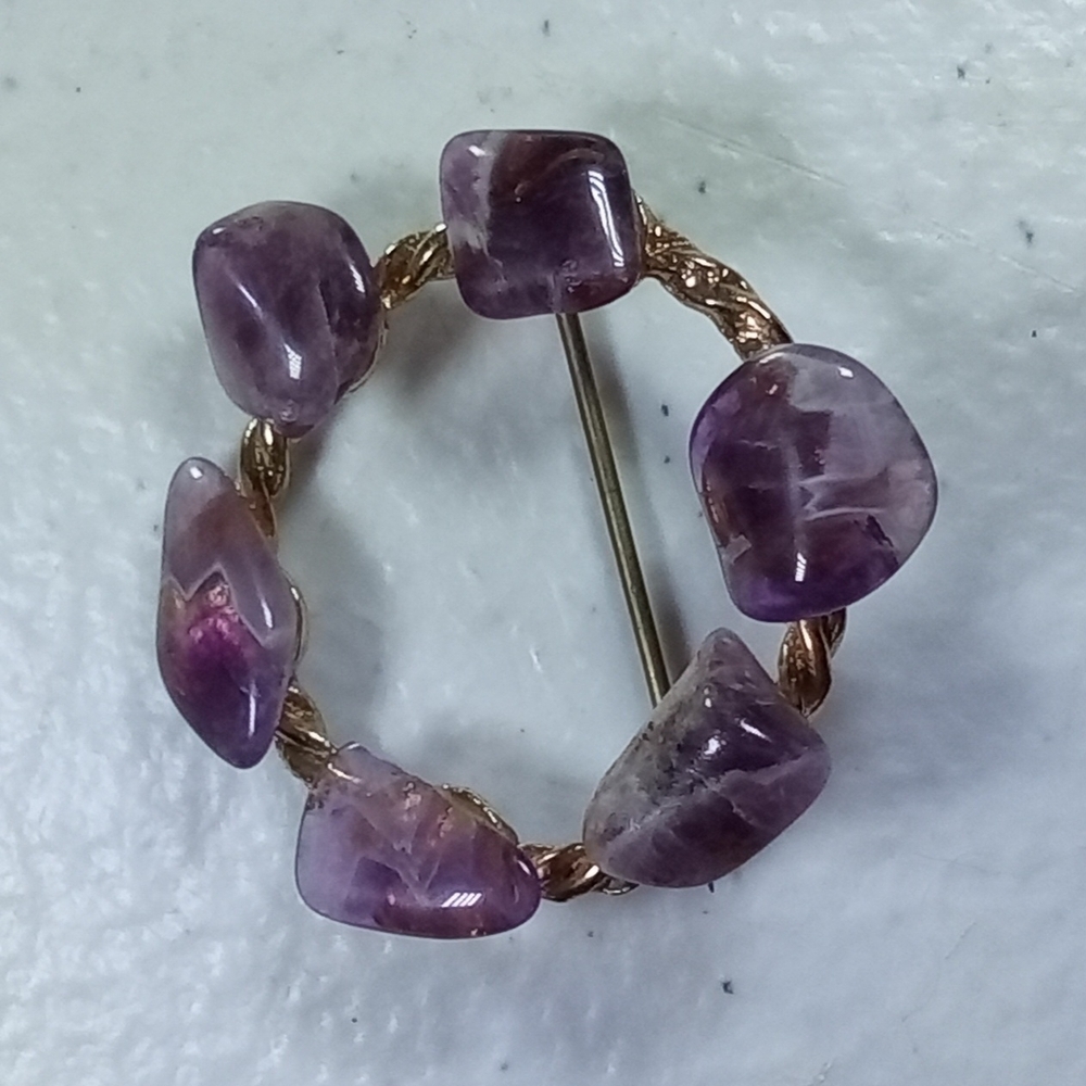 Vintage 1970's Amethyst Pebble Pin Brooch Gold Tone Rope Birthstone Nostalgia